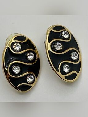 Vintage 80s Statement Earrings Black, Gold and Cubic zirconia Jewelry